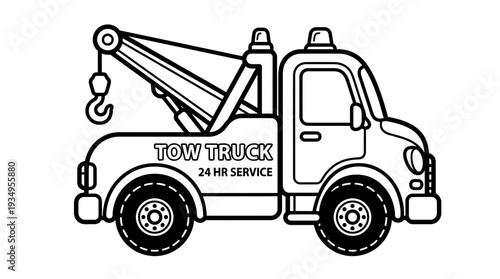 Black and white line art illustration of a tow truck with a crane.