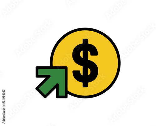 A vector graphic illustration of a dollar coin with a green arrow pointing to it, symbolizing financial growth and investment.
