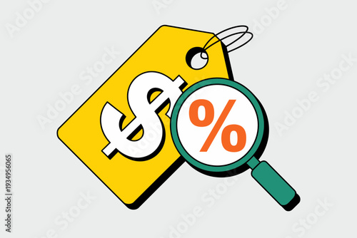 A vector graphic illustration of a yellow price tag with a magnifying glass showing a percentage sign, symbolizing discount shopping and bargain hunting.