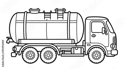 Line art illustration of a tanker truck with a large cylindrical tank