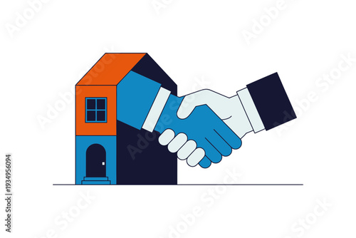 A vector graphic of a handshake in front of a house symbolizing a real estate agreement or partnership