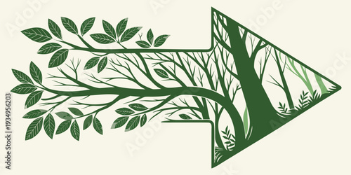 Rightward pointing arrow shape is filled with the dense silhouette of a forest ecosystem and growing branches.
