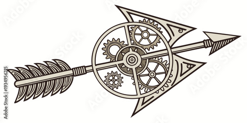 Steampunk arrow design utilizes intricate clockwork gears and a detailed compass rose structure pointing right.