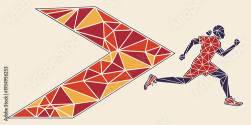 A stylized female runner sprints aggressively forward alongside a large, colorful, forward-pointing chevron symbol.