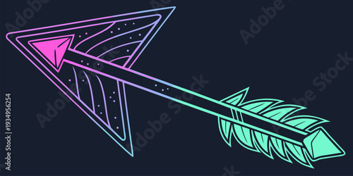 Stylized arrow with a geometric arrow head and feathered fletching glows with a neon gradient on a dark background.