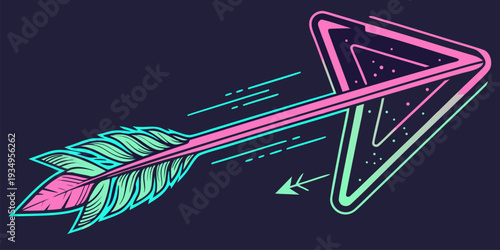 Vibrant neon arrow illustration shoots forward with stylized motion lines and glowing pink and cyan outlines against a dark background.