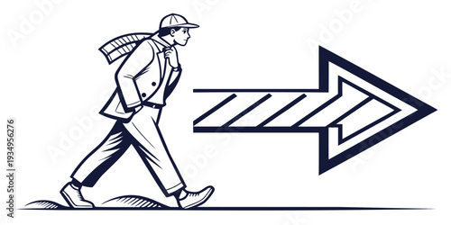 Man in a hat and scarf walks purposefully towards a large arrow indicating forward movement and direction.
