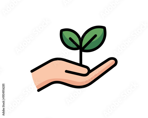 A hand cradling a small green plant with two leaves, symbolizing growth and nurturing in a minimalist vector illustration.