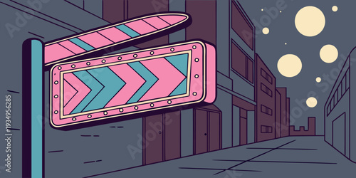 Retro neon street sign with colorful stripes points the way down a dark urban street at night with glowing orbs in the sky.