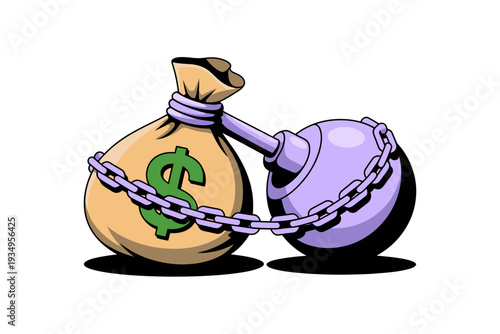 A cartoon illustration of a money bag chained to a ball and lock, symbolizing financial restriction or debt.
