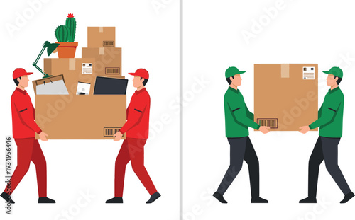 Professional delivery men in red and green uniforms carrying heavy cardboard boxes for relocation and commercial shipping services.