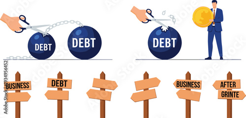 Flat vector illustration set featuring hands cutting debt chains with scissors, a businessman holding a gold coin, and wooden directional signposts