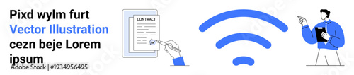 Wireless communication, digital connectivity, remote work, contracts, technology, internet access. Icon of a wireless signal, a clipboard person and a hand signing a document. Wireless communication