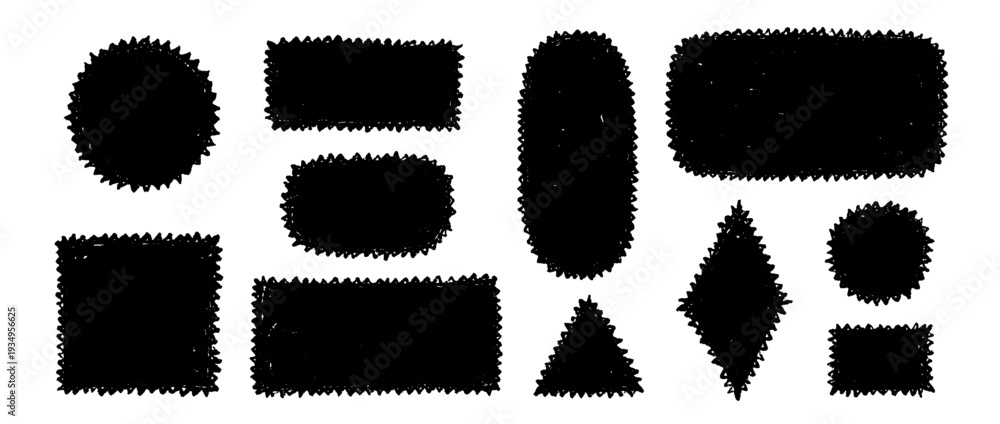 Obraz premium Hand drawn crayon stamps and boxes collection. Doodle rough edge borders and frames set. Black sketched playful geometric shape pack for sticker, logo, collage, postcard, patch, label, icon. Vector
