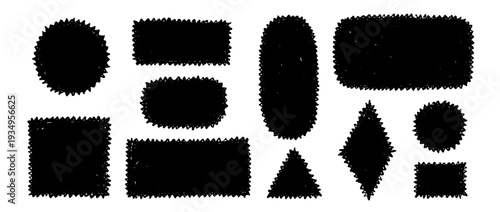 Hand drawn crayon stamps and boxes collection. Doodle rough edge borders and frames set. Black sketched playful geometric shape pack for sticker, logo, collage, postcard, patch, label, icon. Vector