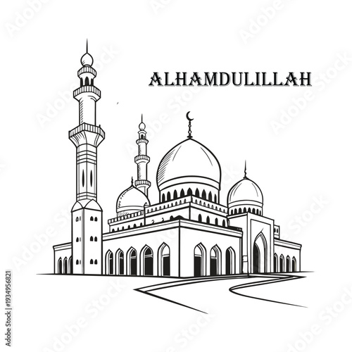 Elegant line drawing of a mosque with a minaret and dome