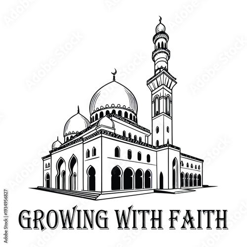 A black and white illustration of a mosque with the phrase growing with faith