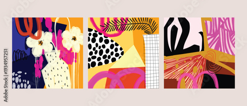 Beautiful flowers in vase,pots rough abstract geometric hand drawn vector illustration. Artistic design for wall art, decoration, card, print and wall paper.