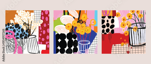 Beautiful flowers in vase,pots rough abstract geometric hand drawn vector illustration. Artistic design for wall art, decoration, card, print and wall paper.