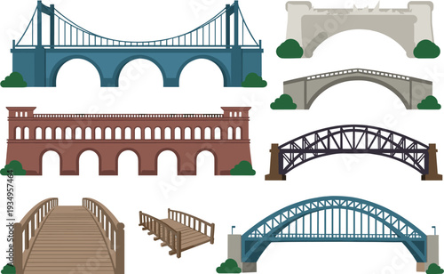 "Collection of eight distinctive bridge illustrations showcasing suspension, arch, truss, and pedestrian wooden designs, highlighting architectural diversity, engineering techniques, construction