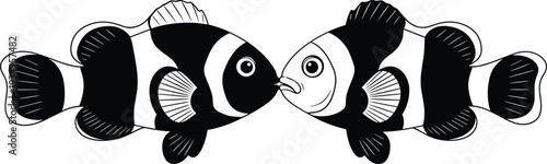 Black and white vector illustrations of two clownfish facing each other, saltwater anemone fish icons, marine life, and tropical ocean.