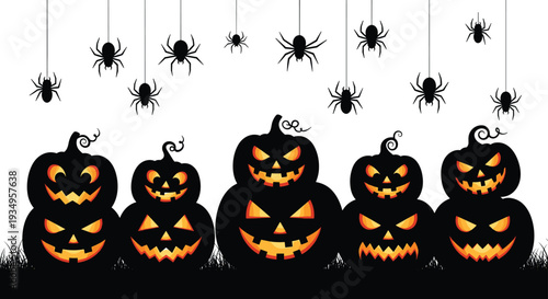 Spooky Halloween silhouettes of glowing jack-o'-lantern pumpkins in grass with creepy spiders hanging on webs, orange glowing eyes and festive background.