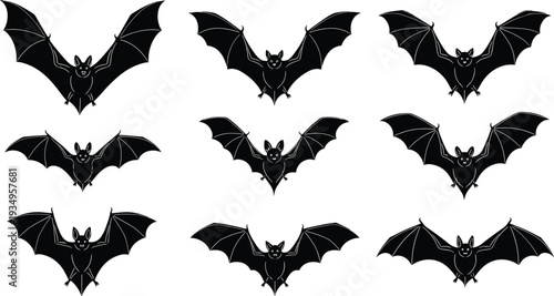 Black silhouette icons of spooky bats in flight, nocturnal flying mammal collection, Halloween gothic wildlife vector illustrations, and animal wing symbols.