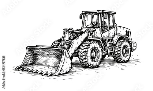 Monochrome Wheel Loader Vector Illustration with Expressive Rough Hand Drawn Sketch Lines