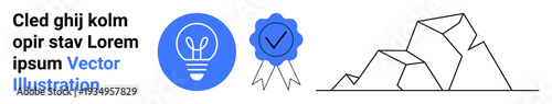 Innovation, creativity, verification, achievement, conceptual design, minimalism. Blue light bulb and checkmark badge, geometric mountain line art. Innovation and verification concept