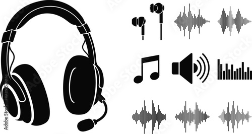 Black silhouette icons of gaming headphones with microphone, wireless earbuds, music notes, sound waves, audio speakers, and digital frequency equalizers.