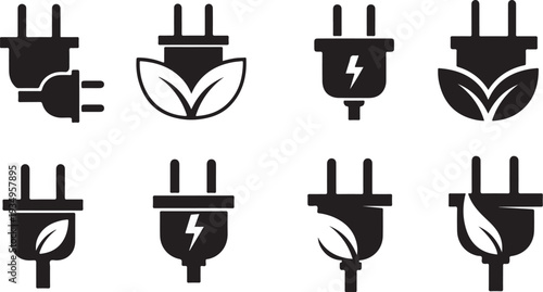 Electric plug icons with leaf and lightning symbols