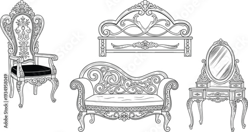 Antique furniture silhouette illustration, vintage armchair artwork, ornate loveseat vector, decorative vanity design, classical headboard graphic, interior style image