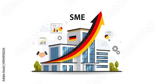 Illustration of a German SME growth concept with a rising arrow and graphs around a modern building with the German flag, conveying a sense of business success and economic growth.