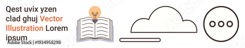 Education, innovation, technology, cloud storage, communication, digital data. Open book with lightbulb, cloud icon and dialogue symbol in clean design. Education and innovation concepts