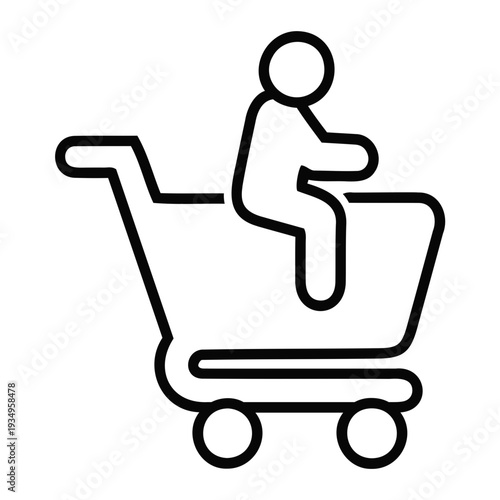 Outline icon portraying a person in a shopping cart, representing retail activity, consumer journey, and the experience of acquiring goods in a commercial setting