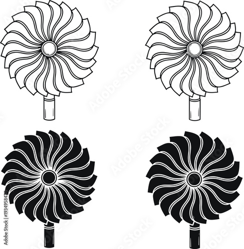 Turbine rotor silhouette illustration, mechanical fan artwork, industrial impeller vector, engineering design graphic, circular blade icon, technology component image