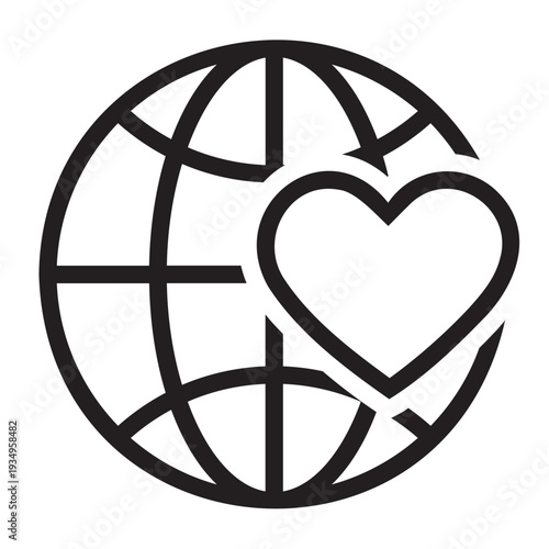 Simple outline icon featuring a compassionate heart intertwined with a globe, symbolizing global love, humanitarian aid, environmental care, and the interconnectedness of our world