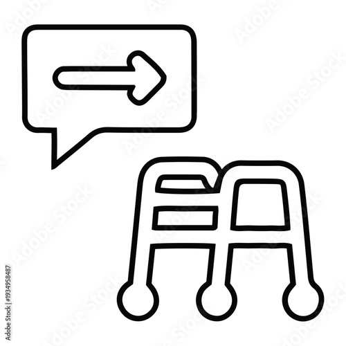 Concept of forward movement and mobility assistance using a medical walker, symbolized by an arrow in a speech bubble, representing progress and support for daily living