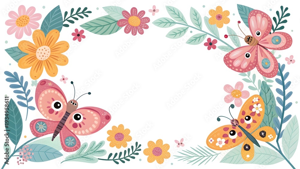 Obraz premium Cute Cartoon Butterfly Border Frame with Bright Colorful Flowers and Leaves