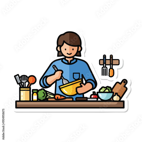 A cartoon woman cooks in a kitchen with various utensils