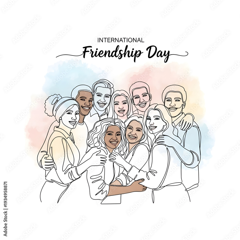 Obraz premium International Friendship Day Diverse Friends Hugging Line Art Illustration