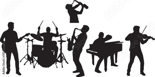 Guitar player musician silhouettes performing in black. Set of rock guitarist stage poses
