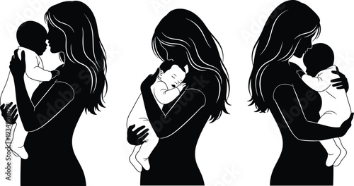 Mother and baby silhouette illustration, nurturing bond artwork, woman holding child vector, family love design, parenting graphic, maternal care image