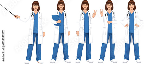 Female doctor character set in medical uniform with stethoscope, professional healthcare worker poses isolated on white background illustration