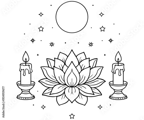 Moonlit Japanese Temple Courtyard Line Art