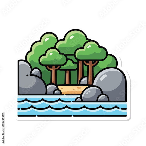 A serene landscape with trees on a sandy beach