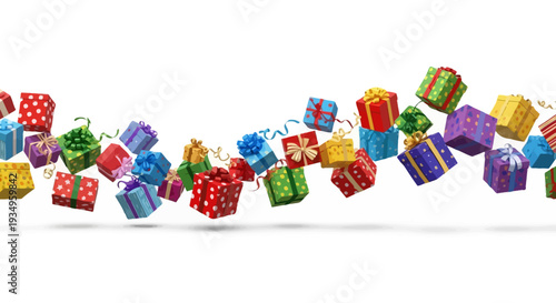 Colorful gifts floating in mid-air, suspended in a celebratory atmosphere, viewed from a slight angle, amidst joy and festivity.