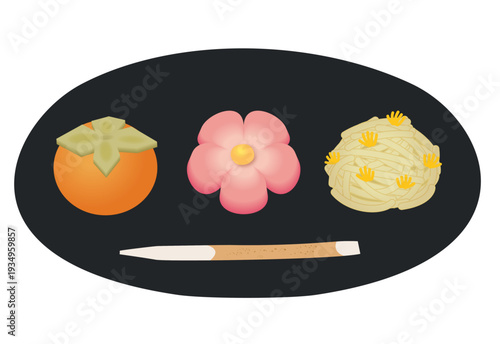 黒い盆に並ぶ柿と梅と菊の練り切り和菓子。日本の四季を感じさせる可愛らしい生菓子のイラスト