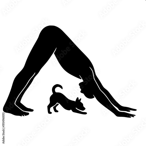 Pet and Owner Yoga Stretch Vector Silhouette