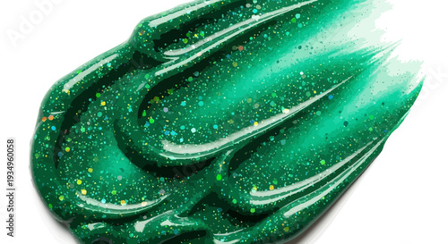 Glittering green paint swirls with sparkles, a creative art scene from a close-up viewpoint.